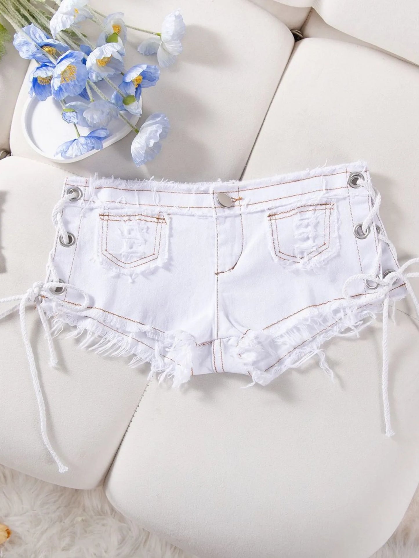 Women Low Rise Denim Shorts Side Lace Up Ripped Frayed Hem Y2K Summer Hot Pants Sexy Streetwear 2026
