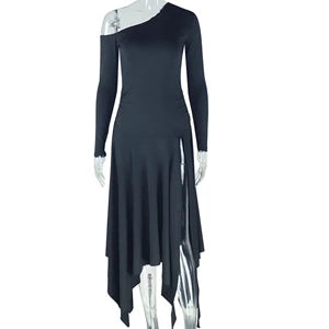 STYLISH LADY One Shoulder High Split Dress 2025 Autumn Women Long Sleeve Slash Neck Asymmetrical Pleated Midi Vestidos De Festa