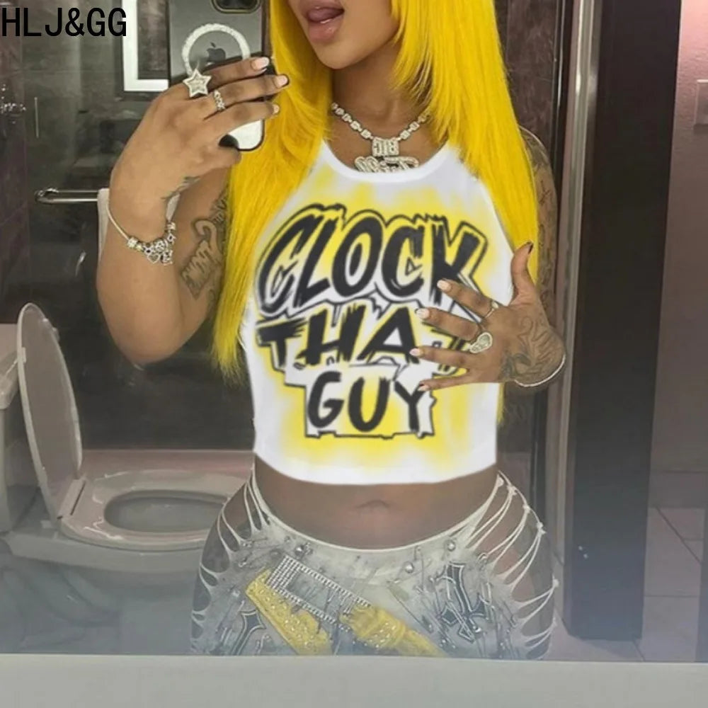 HLJ&GG Y2K Sexy Letter Print Slim Tank Top Women Round Neck Sleeveless Crop Tops Fashion Summer New Trend Clothing Streetwear