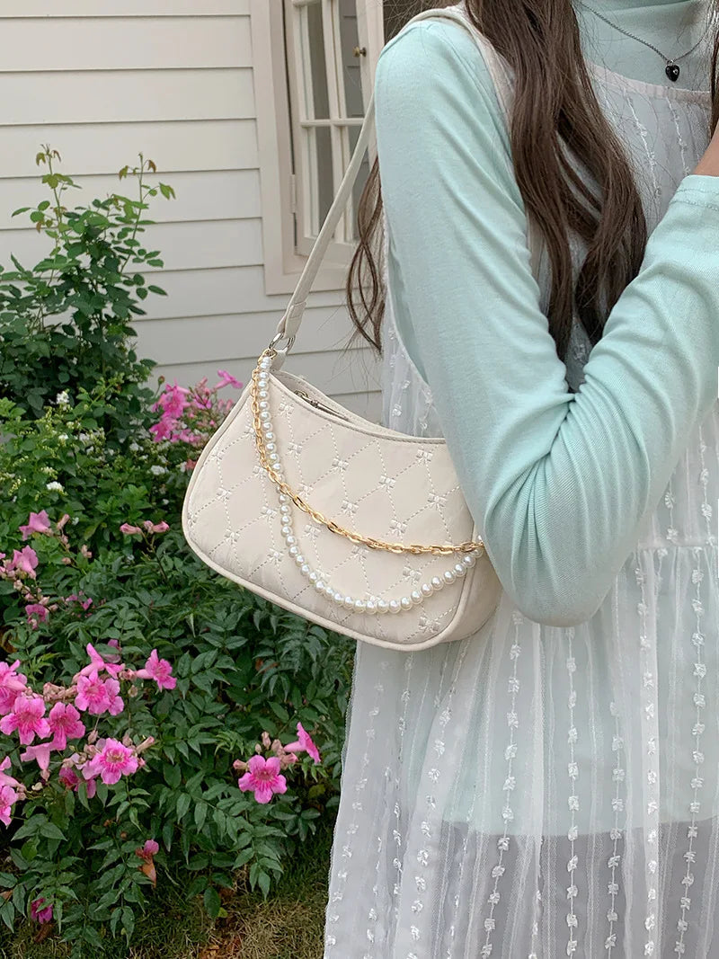 Pink Shoulder Bag Elegant Cute Bow Pearl Chains Bow Embroidery Handbag Casual Leather Korean Fashion Female Handbag