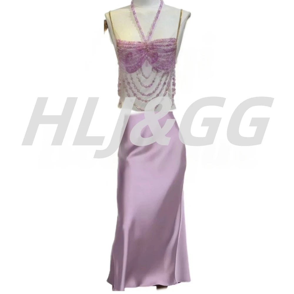 HLJ&GG Sexy Rhinestone Beads Halter Hollow Two Piece Sets Women Sleeveless Backless Top + Satin Skinny Skirts Outfits Streetwear