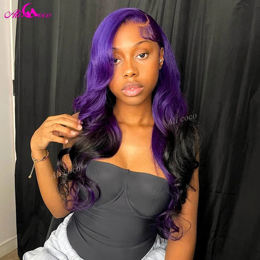 Ombre Purple Black Body Wave 13x6 13x4 HD Transparent Lace Front Human Hair Wigs Purple Colored Human Hair Wigs For Women