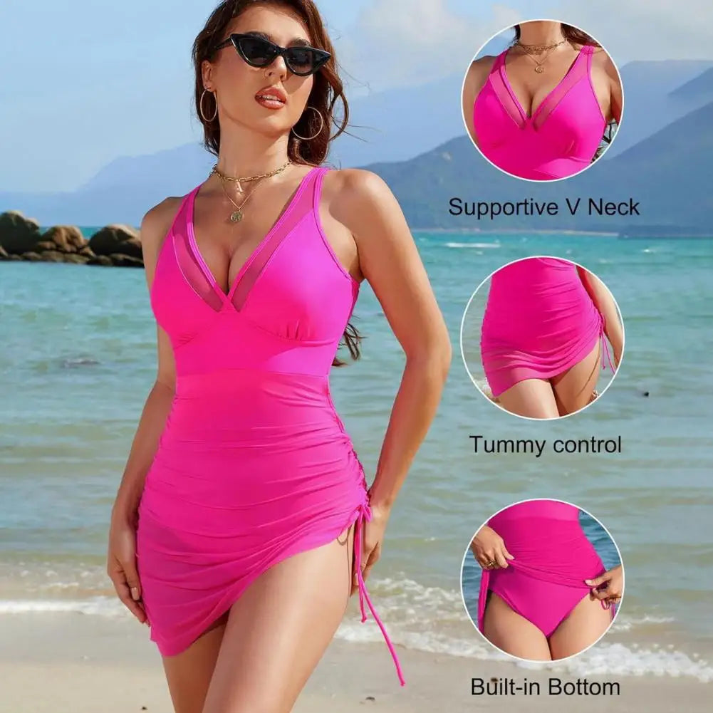One Piece Women's Swimsuit Solid Color V Neck Tummy Control Swimwear Sexy Mesh Sheer Wrap Bathing Suit For Beach Vacation