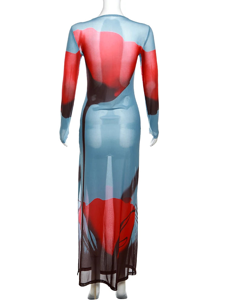 Weird Puss See Through Dress Women Rose Print Sexy Mesh Summer Trend Skinny Elastic Long Sleeve Side Split Maxi Bodycon Vestidos