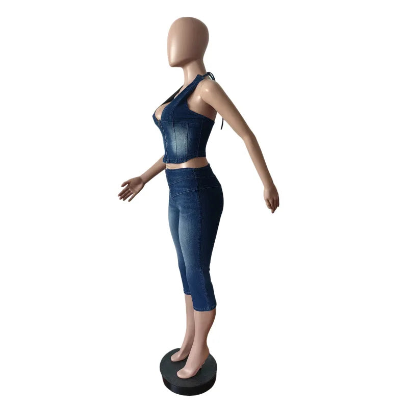 HLJ&GG Blue Fashion jeans Halter Two Piece Sets Women Sleeveless Backless Slim Crop Top And Skinny Jean Pants Outfits Streetwear