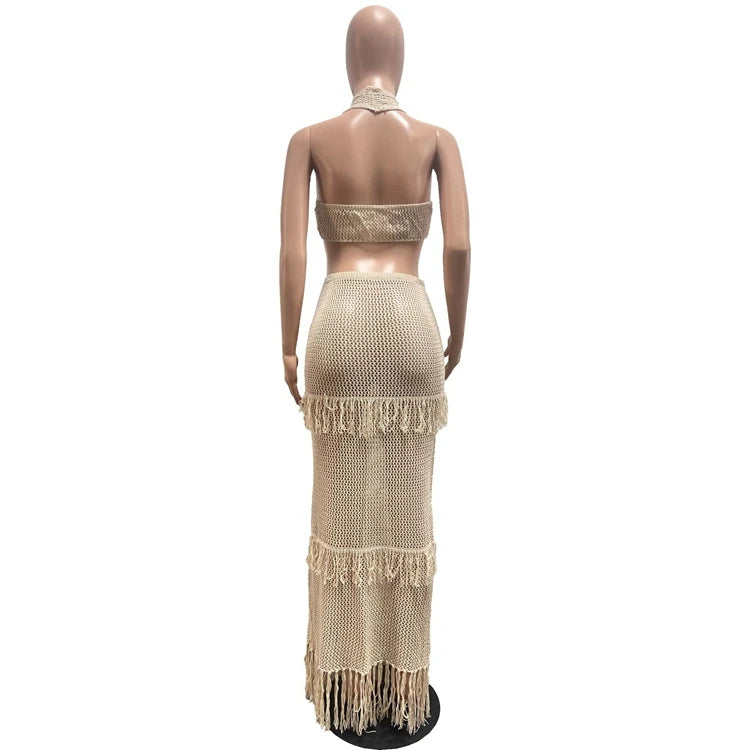STYLISH LADY Tassel Crochet 2 Piece Set Women Halter Backless Crop Top and Maxi Skirts Suits 2025 Summer Sexy Beach Outfits