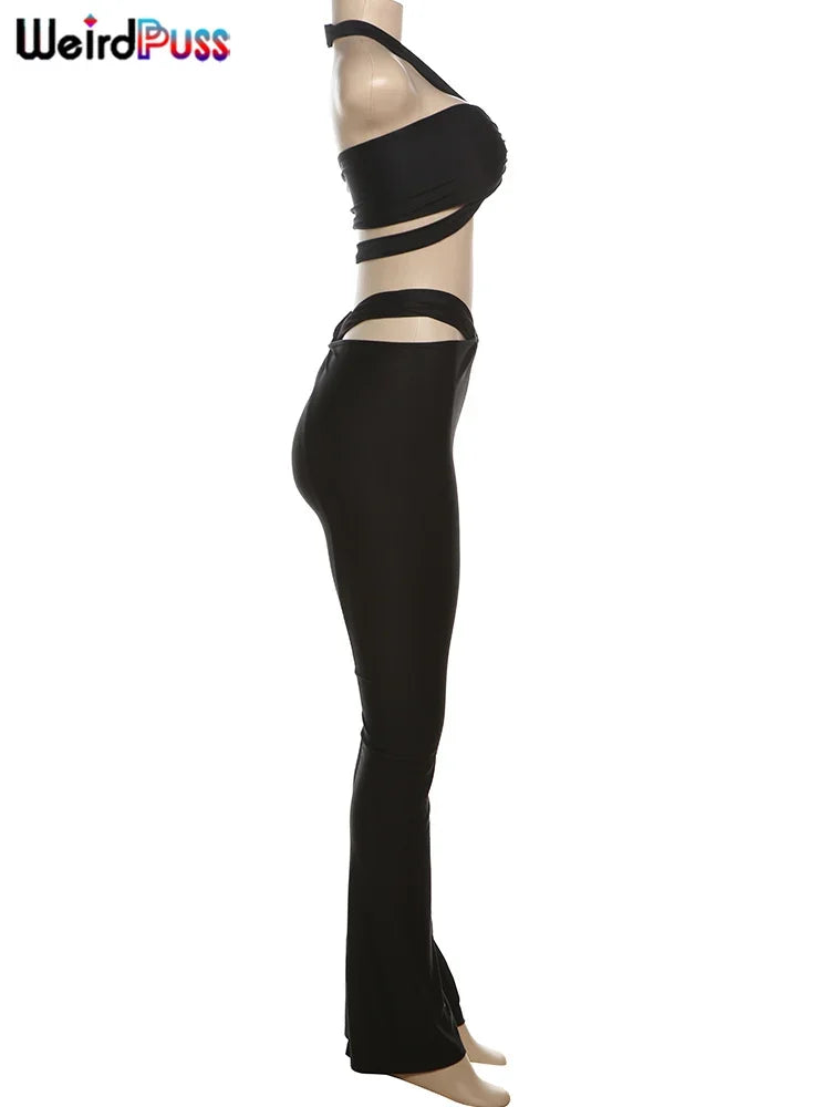 Weird Puss Sexy 2 Piece Set Women Hipster Halter Cross Wrapped Camisole+Ruched Hollow Leggings Street Summer Trend Matching Suit