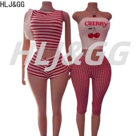 HLJ&GG Red Stripe Knitting Y2K Fashion Streetwear Women O Neck Sleeveless Slim Crop Top And Shorts Two Piece Sets Outfits 2025
