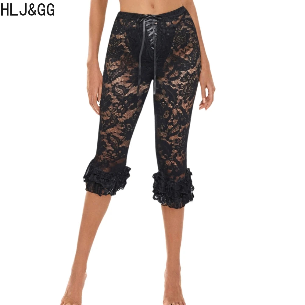 HLJ&GG Sexy Lace See Though Bandage Skinny Shorts Two Piece Sets Women V Neck Spaghetti Strap Slim Crop Top And Shorts Outfits