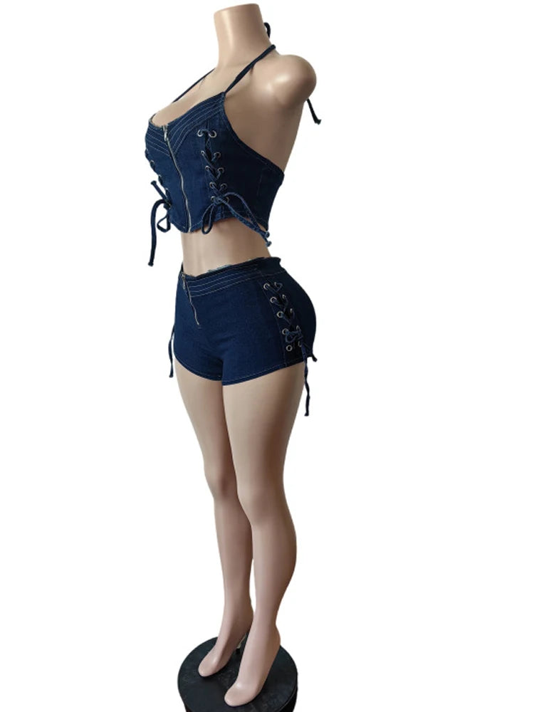 Kricesseen Sexy Lace Up jeans Bustier Top And Matching Set 2 Piece Outfs Women Evelet Bandage Jeans Tracksuit Set Clubwear