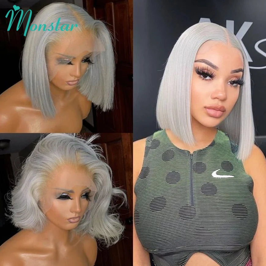 Sliver Grey Short Bob Human Hair Wigs 13x6 613 Blonde Bob Wig Transparent Lace Frontal Wig Bone Straight Brazilian Remy Hair Wig