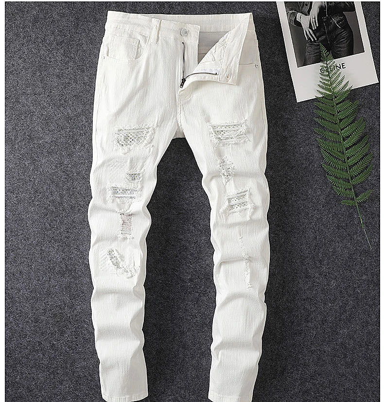 2024 spring and summer hot selling men's white distressed hot drilling jeans slim fit stylish American high street trendy jeans