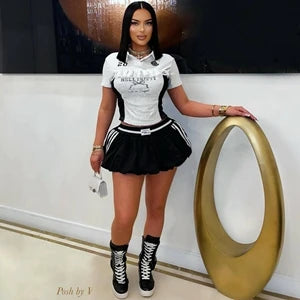 STYLISH LADY Lace Letter Printed 2 Piece Set Women Short Sleeve Crop Top and Mini Skirt Suits 2025 Summer Sexy Club Party Outfit