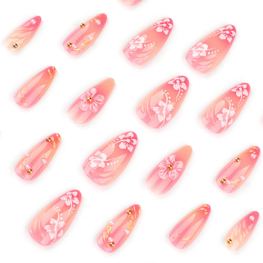24pcs Flower Pattern Fake Nail Korean Sweet Pink Almond False Nail Tips for Lady Girl Wearable Detachable Simple Press on Nails