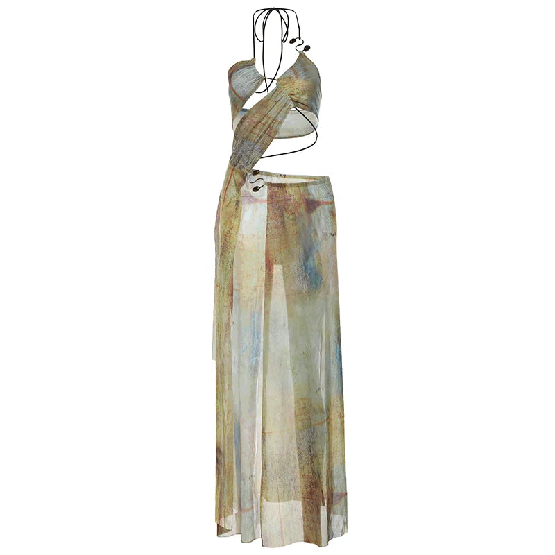 Weird Puss Hollow Halter Dress Women See through Summer Trend Sleeveless Waistless Vintage Print Long Bodycon Clubwear Vestidos