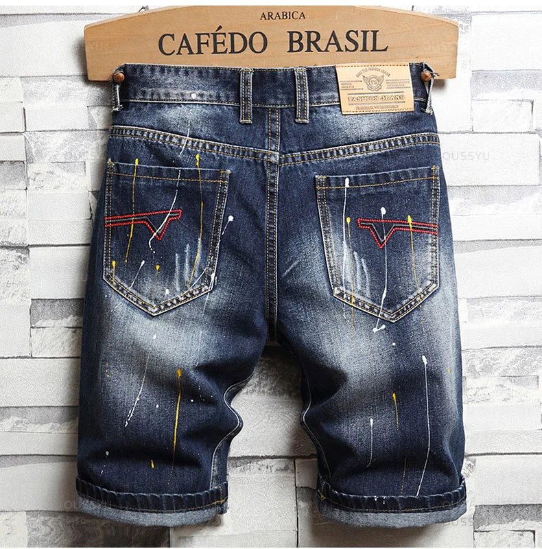 Brand Clothing New Summer Ripped Hole Denim Shorts Men Cotton Thin Straight Retro Biker Knee Length Short, Male Streetwear