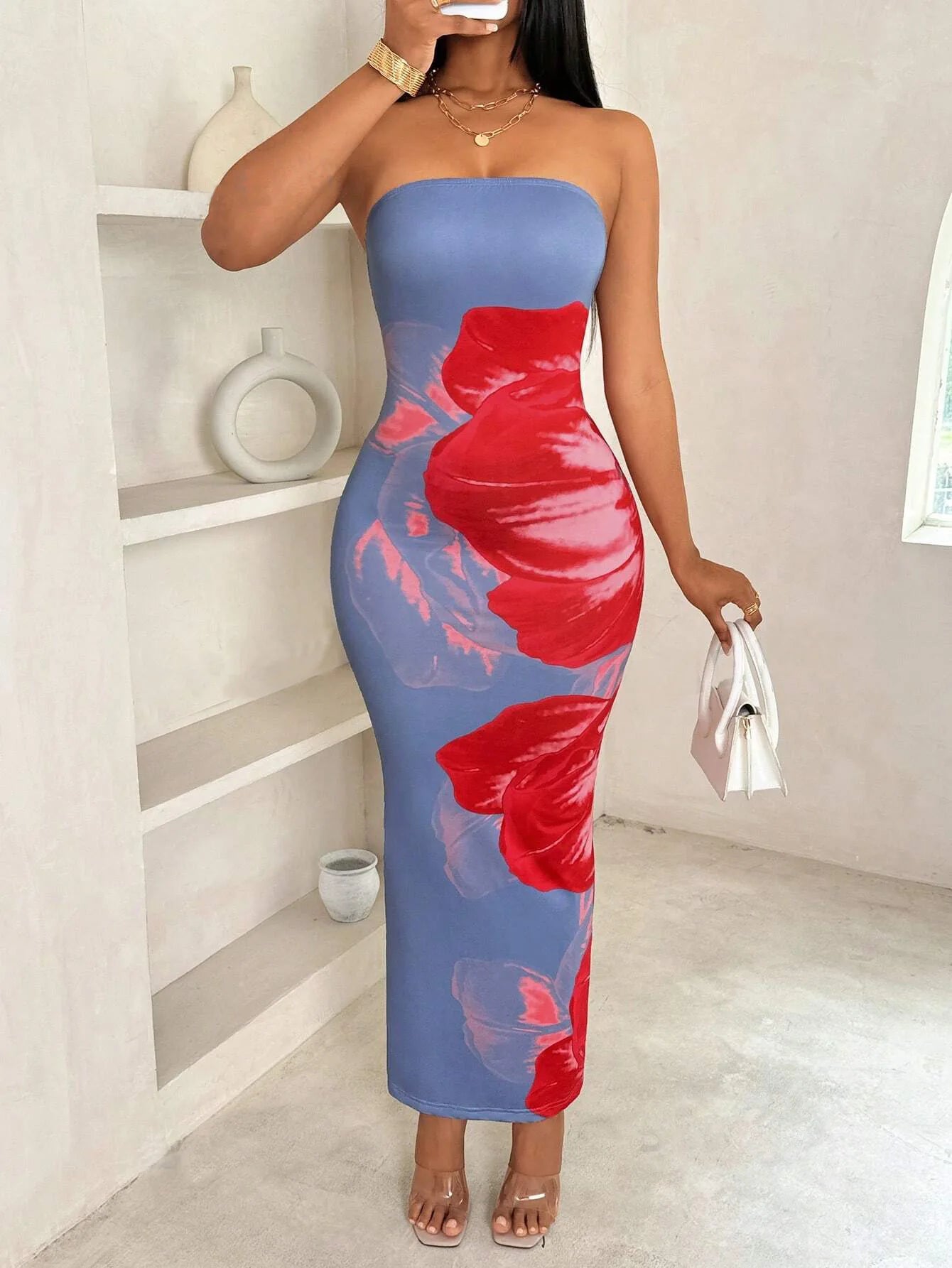 HLJ&GG Sexy Flowers Printing Bodycon Maxi Dresses Women Off Shoulder Sleeveless Backless Slim Vestidos Fashion Streetwear 2025