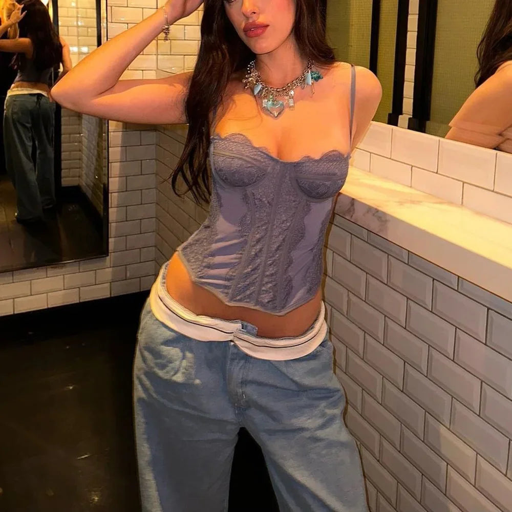 Sexy Lace Mesh Spaghetti Strap Open Back Boned Corset Women Summer Slim Lingerie Bodyshaper Bustier Camisole Halter Vest