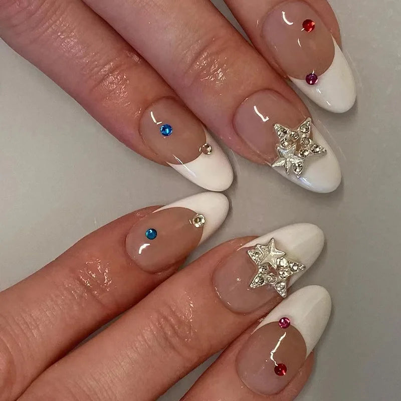 24pcs White French False Nails y2k White Star Ballerina Coffin Press on Nails Detchable Full Cover Fake Nails Tips For Girls