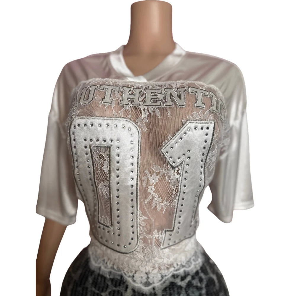 HLJ&GG Sexy Lace Splicing Letter Print Loose Tshirts Women V Neck Short Sleeve Straight Tops Fashion See Though Club Streetwear