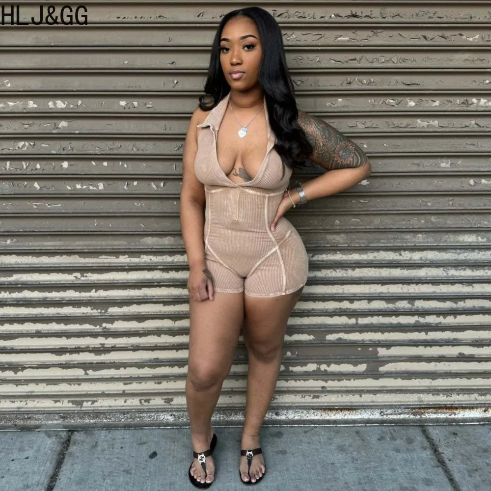 HLJ&GG Sexy Ribber Deep V Bodycon One Piece Rompers Women Sleeveless Backless Slim Jumpsuits Fashion Solid Color Overalls 2025
