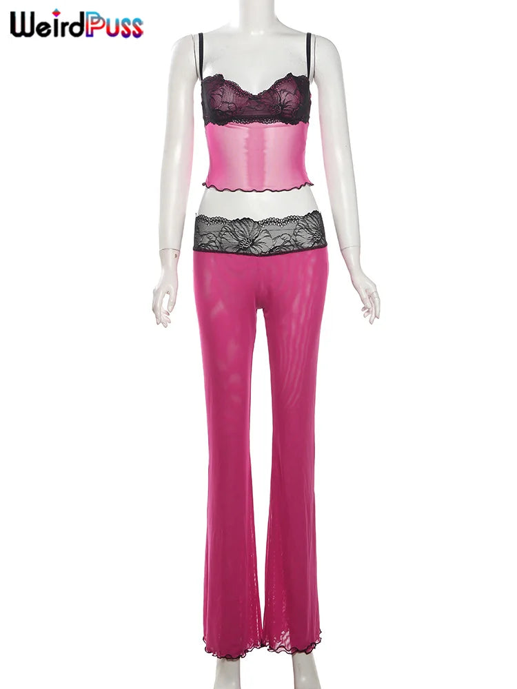 Weird Puss Mesh Patchwork 2 Piece Set Women Sexy Cleavage Sleeveless Crop Tops+Leopard Print Skinny Pants Street Wild Trend Suit