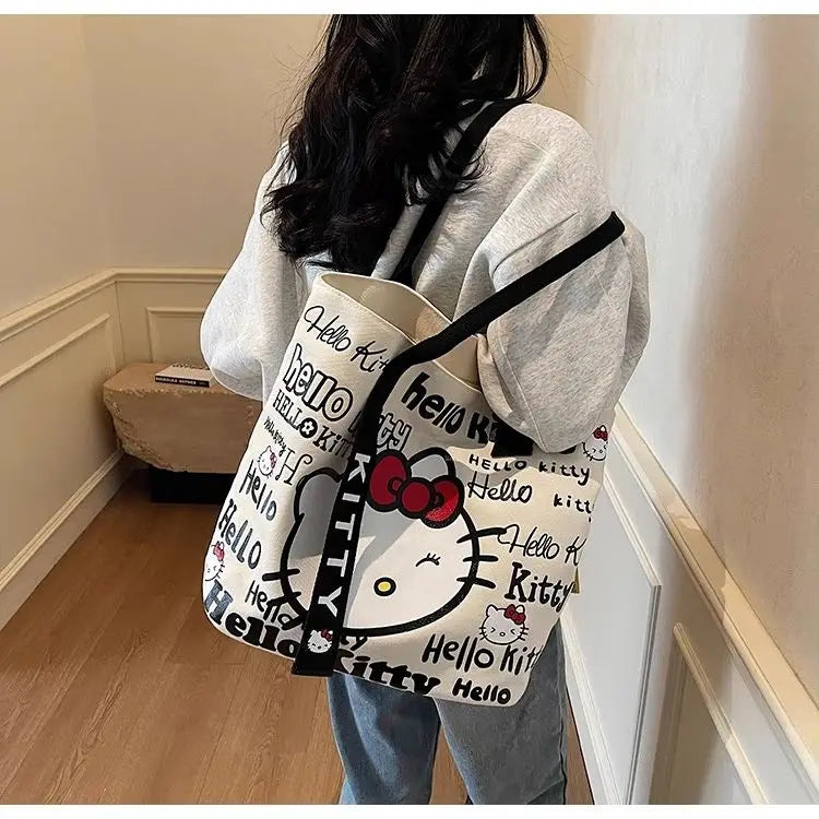 New Model Hello Kitty Cartoon Canvas Bag Cute Commuter Versatile One-Shoulder Tote Bag Large-Capacity Storage Bag