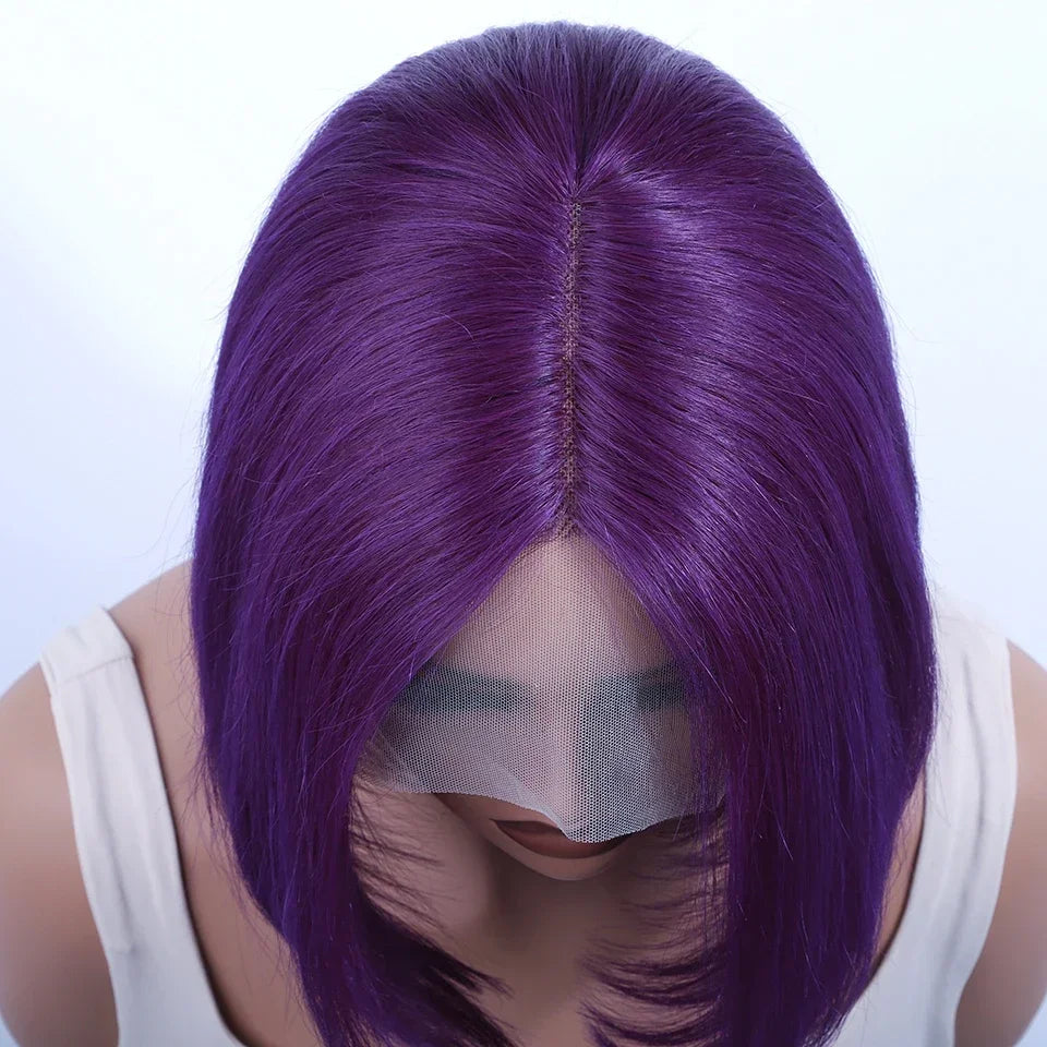 Brazilian Cosplay Purple Hair 13x5x1 T Part Transparent Lace Front Human Hair Wigs 180D Short Straight Lace Bob Wigs Human Wigs