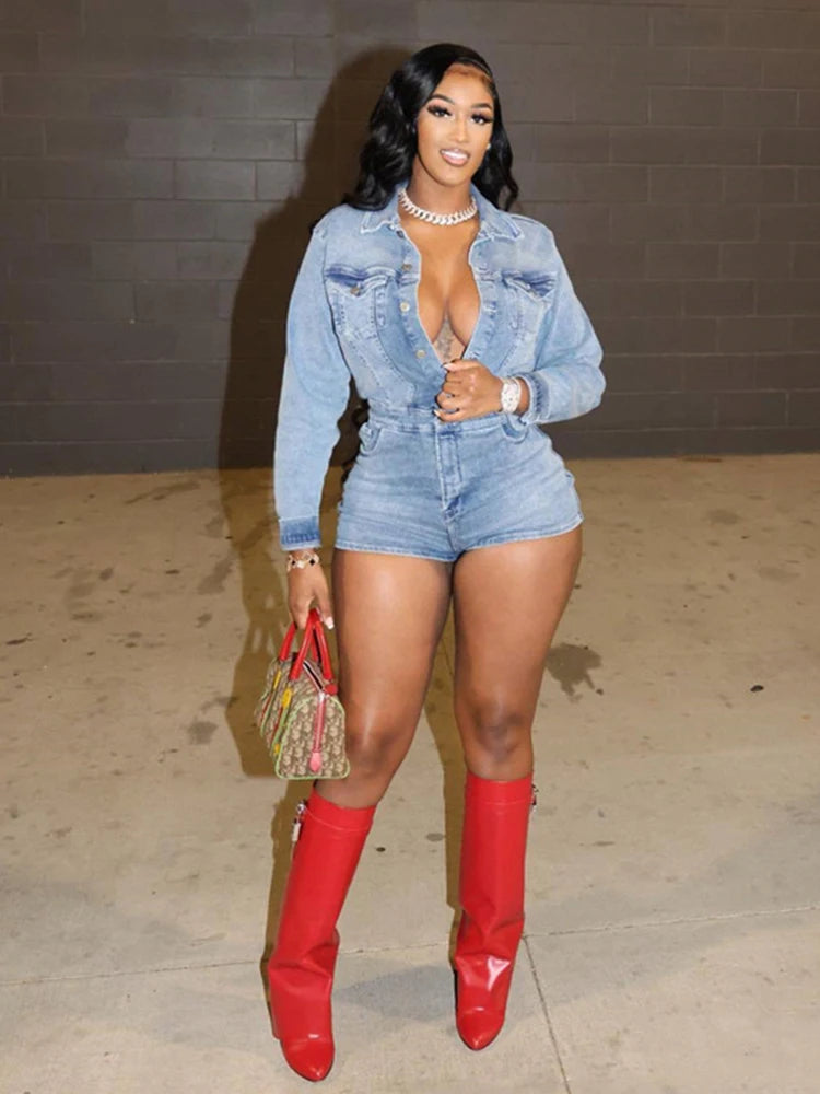 Weird Puss Elastic jeans Women Playsuit Lapel Single-Breasted Full Sleeve One Pieces Shorts Trendy Vintage High Street Partywear