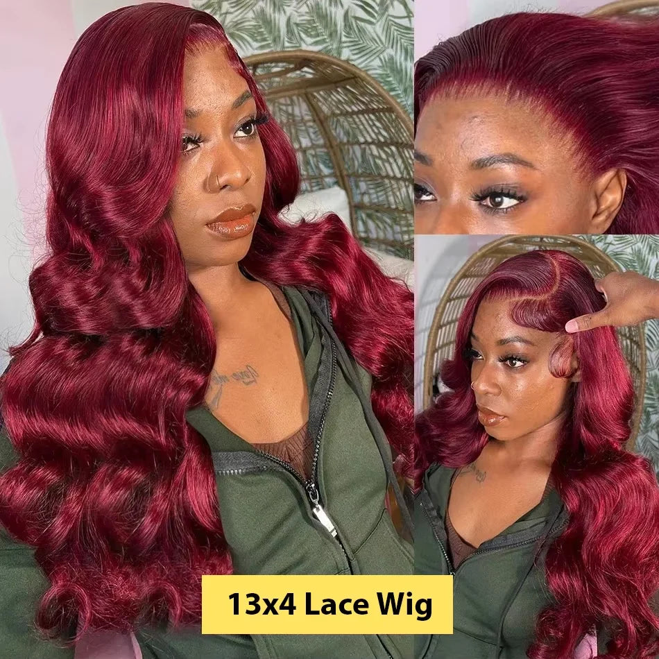250%Density Body Wave 99j Burgundy Red Wig Human Hair 13x4 13x6 HD Lace Frontal Wig Human Hair Pre Plucked 100% Real Human Hair