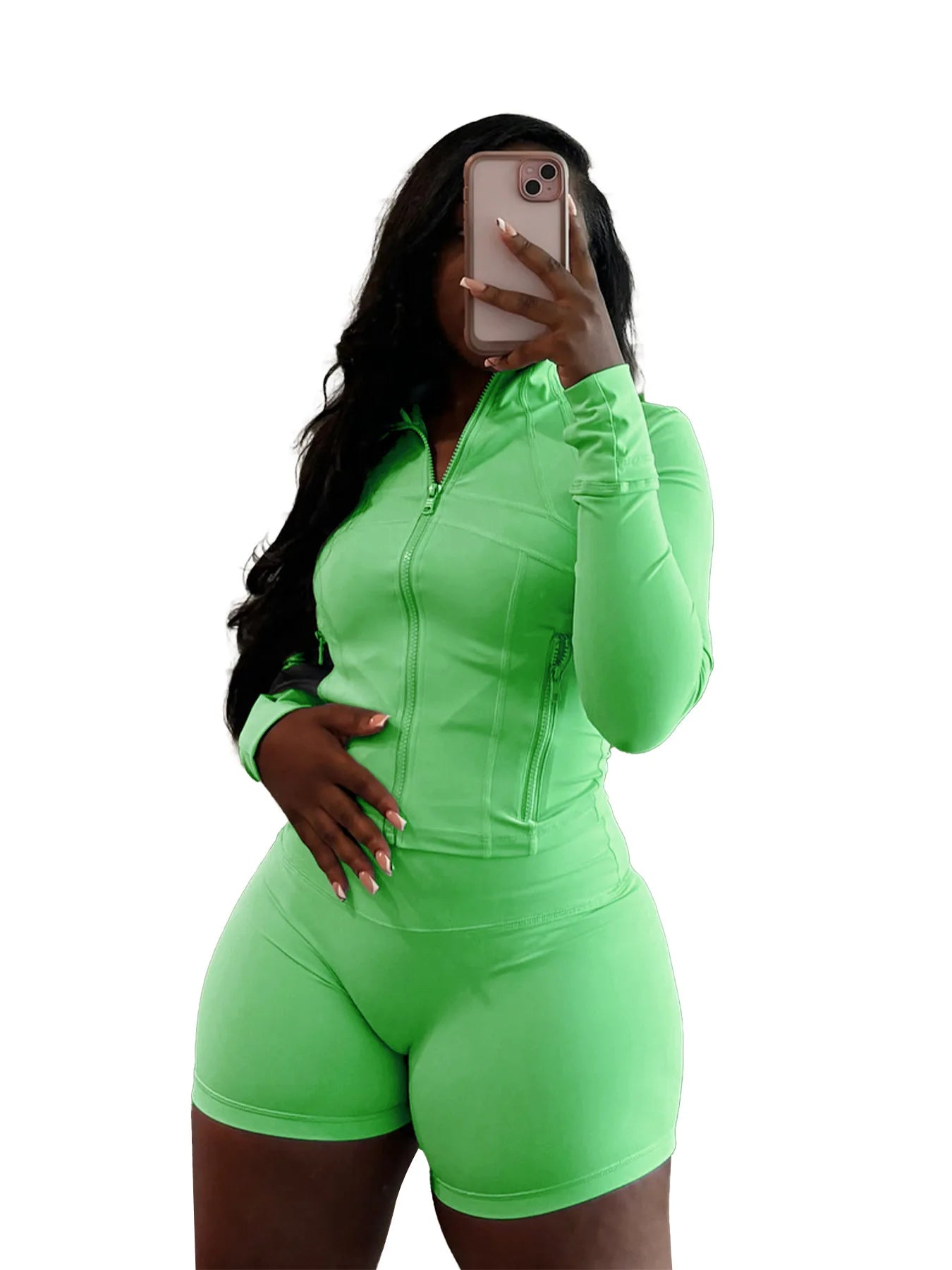 HLJ&GG Casual Sporty Skinny Shorts Two Piece Sets Women Zip Long Sleeve Slim Top + Shorts Outfits Summer New Stretchy Tracksuits
