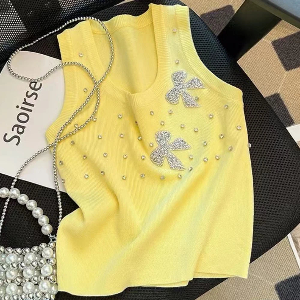 HLJ&GG Fashion Rhinestone Knit Tank Top Two Piece Sets Women Round Neck Sleeveless Crop Vest And Lace Ruffle Mini Skirts Outfits