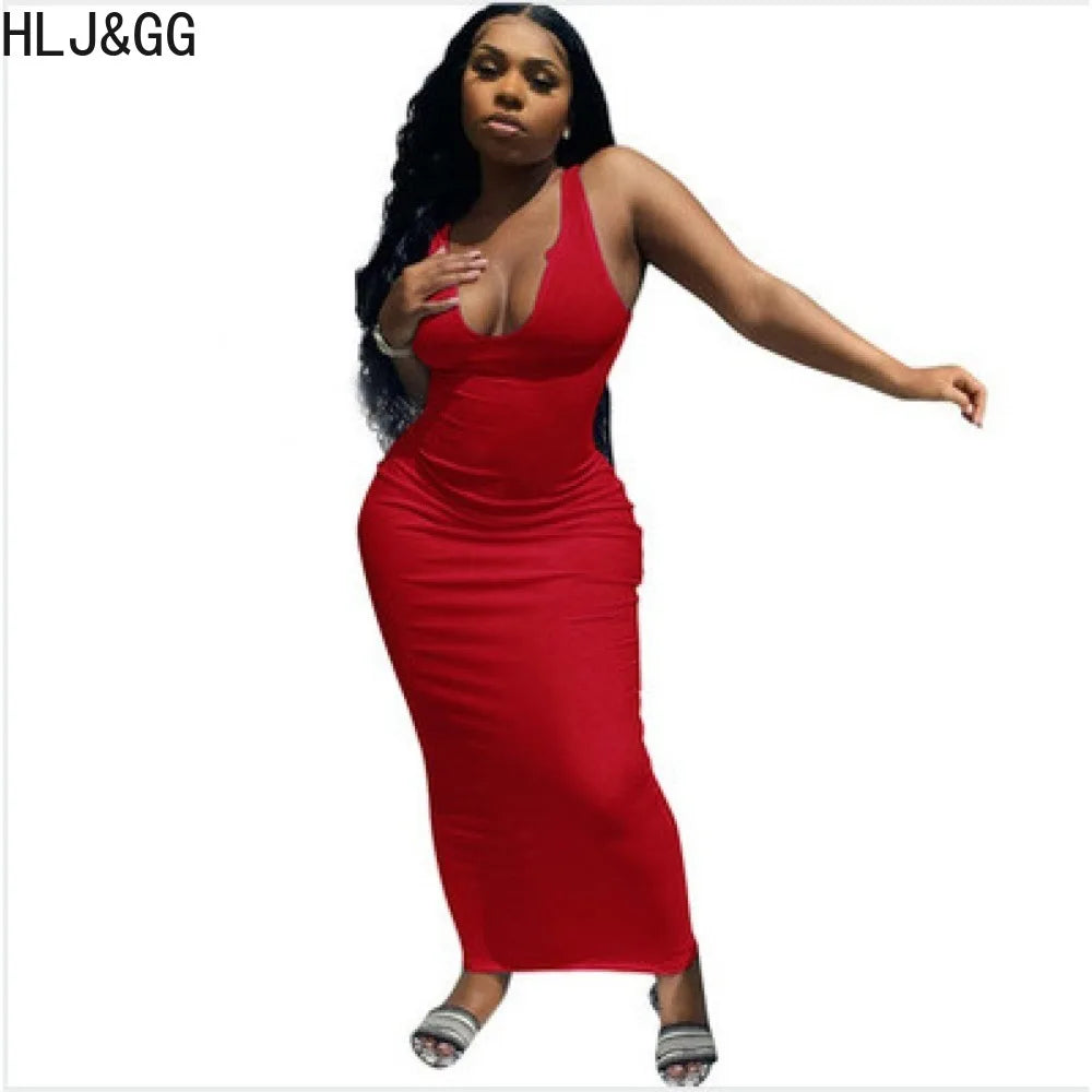 HLJ&GG Summer New Deep V Bodycon Long Dresses Women Sleeveless Backless Slim Vestidos Sexy Female Solid Color Streetwear Robe