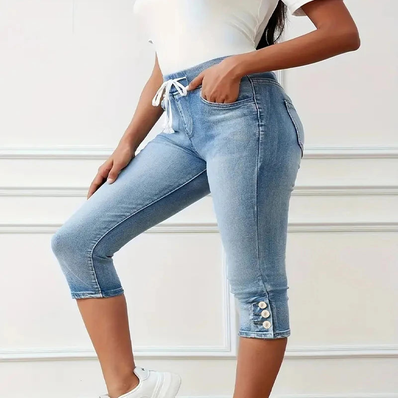 Ladies Plus Size jeans Captcha Drawstring High Stretch Spring summer Versatile Leg Slit Washed Jeans.