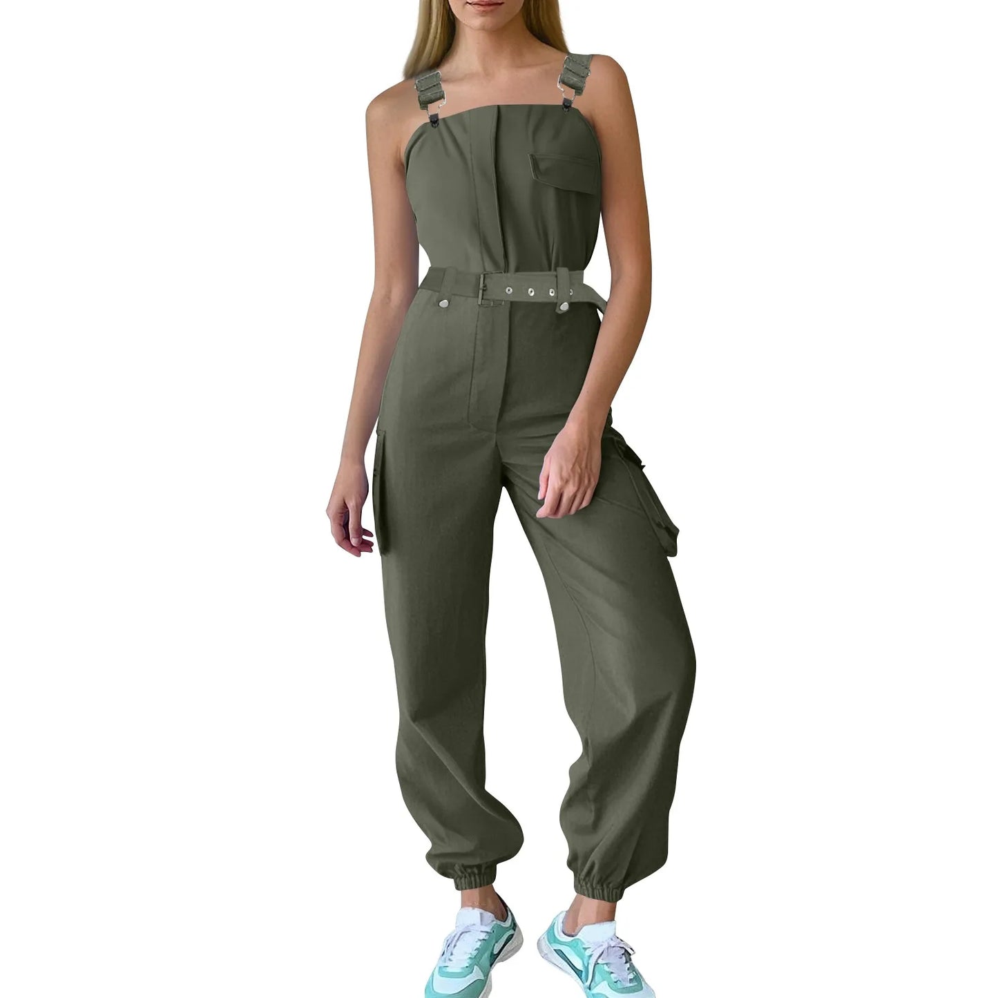 Lady's Fashion Clasp Pocket Cargo Romper Jumpsuits, Casual Jumpsuit Summer