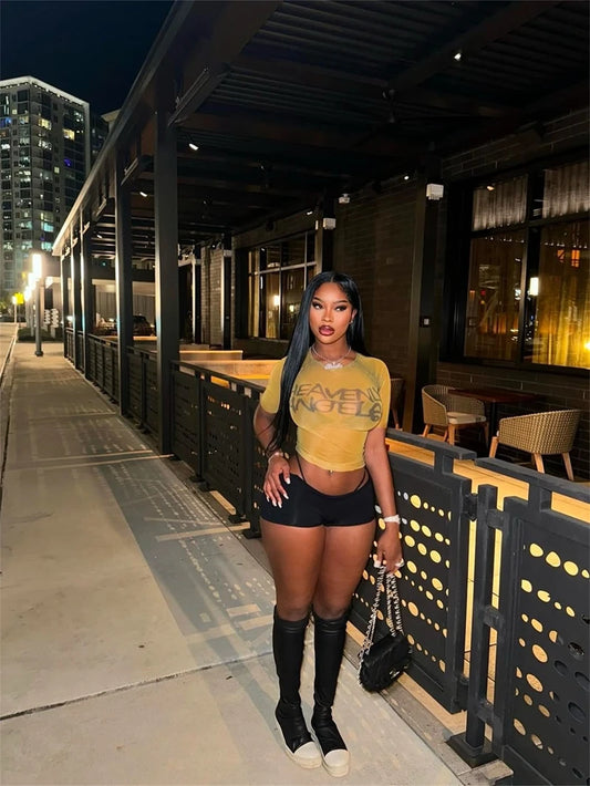 STYLISH LADY Letter Printed Mesh T Shirts 2025 Summer Women Short Sleeve O Neck See Through Sexy Club Party Street Tops Tees