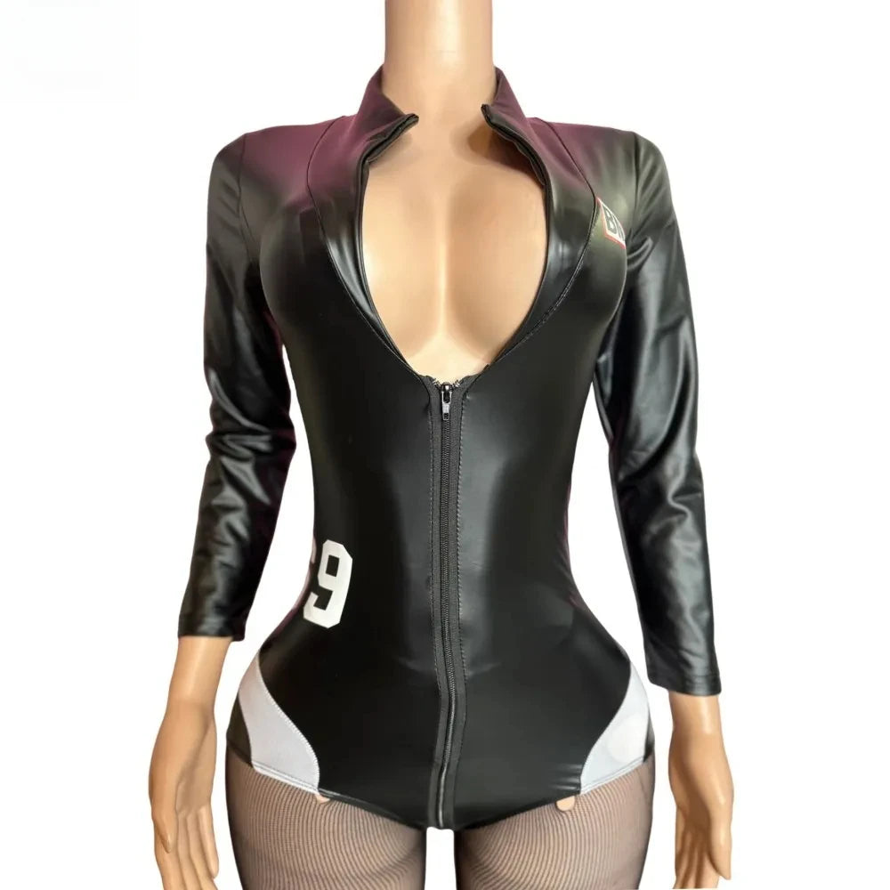 HLJ&GG Black Sexy Deep V Letter Print Bodysuits Women Zipper Long Sleeve Stretchy Bodycon Romper + Mesh Skinny Socks Outfits New