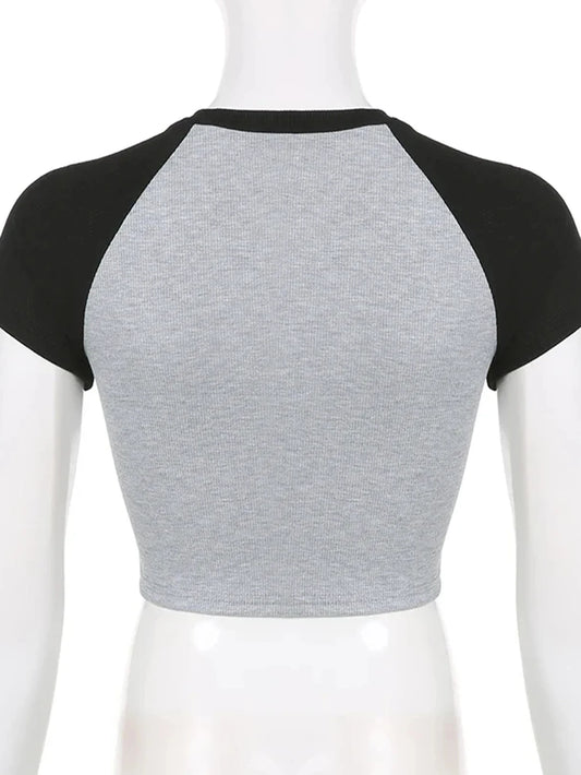 Silver Star Graphics Print Y2K Women Aesthetic Summer Patchwork Short Sleeve Casual Tee Basic Crop Tops Korean Harajuku T Shirts