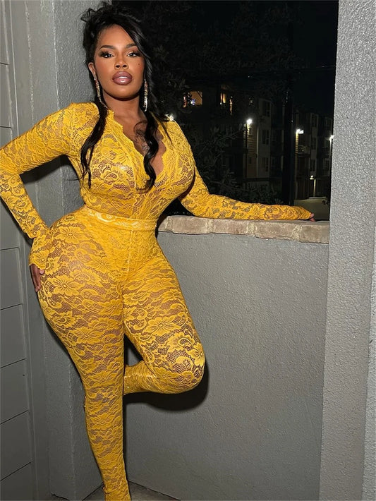 STYLISH LADY See Through Lace 2 Piece Set Women Long Sleeve Bodysuits and Skinny Pant Suits 2025 Summer Sexy Hollow Out Outfits