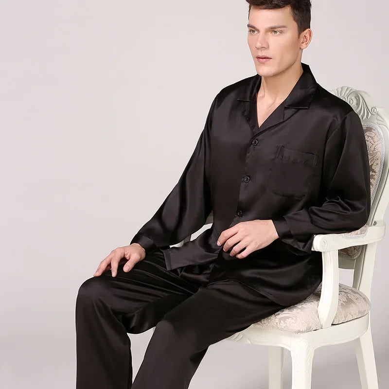 Silk Satin Pajamas for Men Sleepwear Cozy Soft Print Long Sleeve Nightgown Tops + Trousers Two Pieces Mens Pajama Set