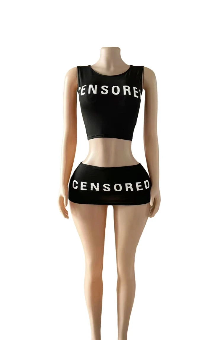 STYLISH LADY Letter Printed 2 Piece Set Women Sleeveless Crop Top and Mini Skirt Suit 2025 Summer Black Sexy Club Street Outfits