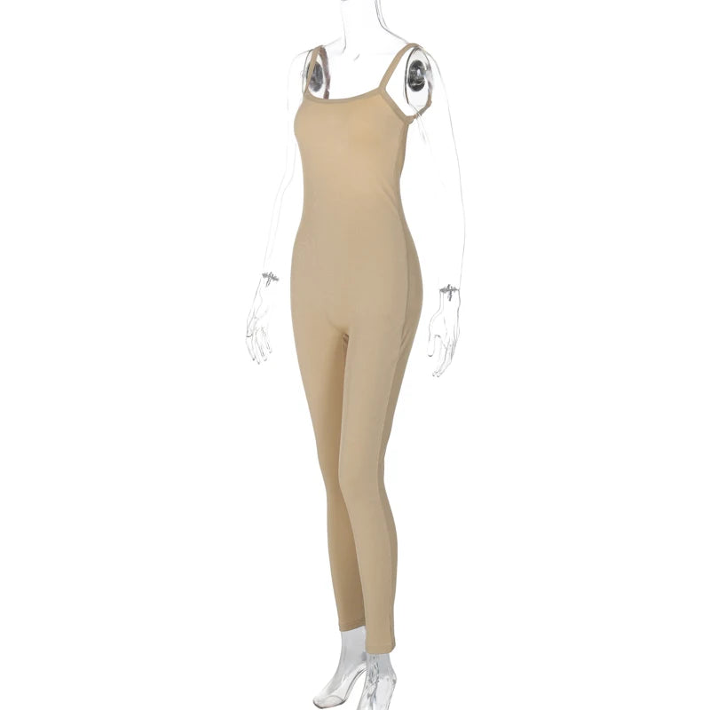 Hugcitar 2024 Fashion Ribbed Solid Slips Backless Sexy Skinny One Piece Jumpsuit Women Y2K Romper Vacation Sport Overalls