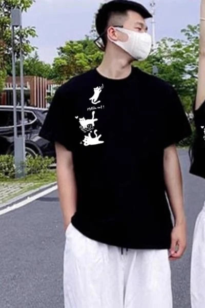 2025 New Design Cute Cats Couple Set Graphic T-shirt Summer Fashion Streetwear Cotton Tee Causal Fit Hot Selling