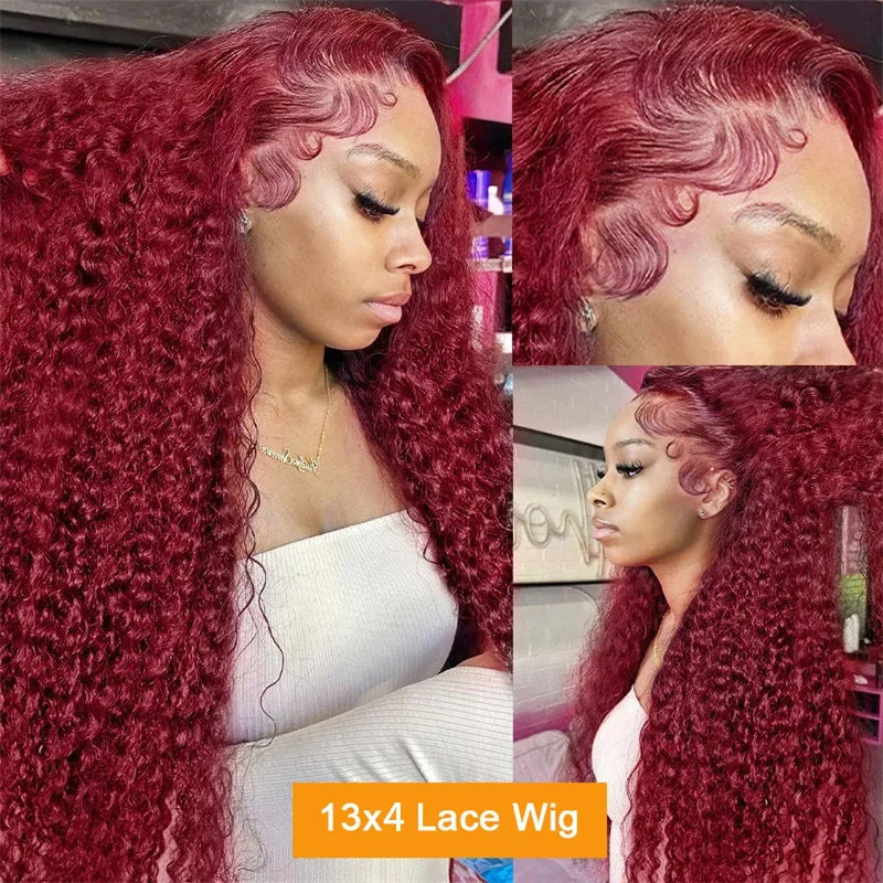 30 40 Inch 99J Burgundy 13x6 Hd Lace Frontal Human Hair Wig Red Colored 13x4 Transparent Lace Curly Deep Wave Frontal Wig
