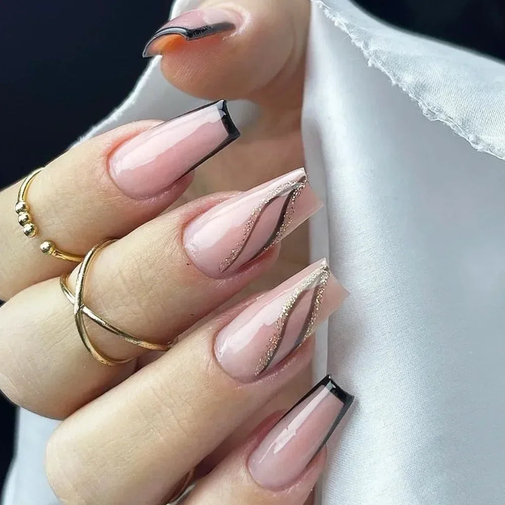 24Pcs Shimmery Long Coffin False Nails with Glue Ballerina Nail Design Sweet Fashion French Press on Acrylic Nails Tips