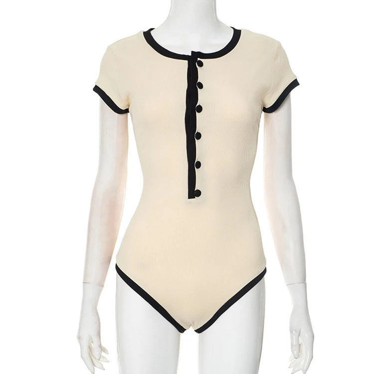 STYLISH LADY Ribbed Button Bodysuits 2025 Summer Women Short Sleeve O Neck Black Nude Sexy Club Street Bodycon Rompers