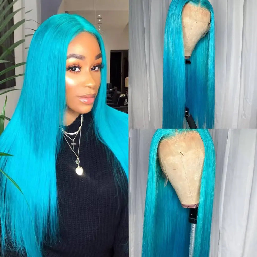 13x4 Frontal Transparent Lace Pre-Plucked Hairline Wigs Light Blue Straight Wigs High Density Brazilian Virgin Human Hair Wigs
