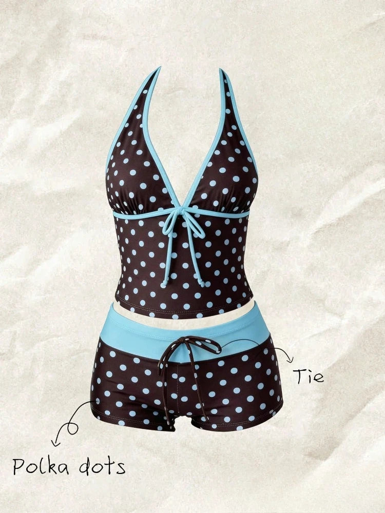 Women Swimwears Polka Dot 2-Piece Tankini Set Halter V Neck Front Tie Cami Top & Contrast Waistband Drawstring Swim Shorts