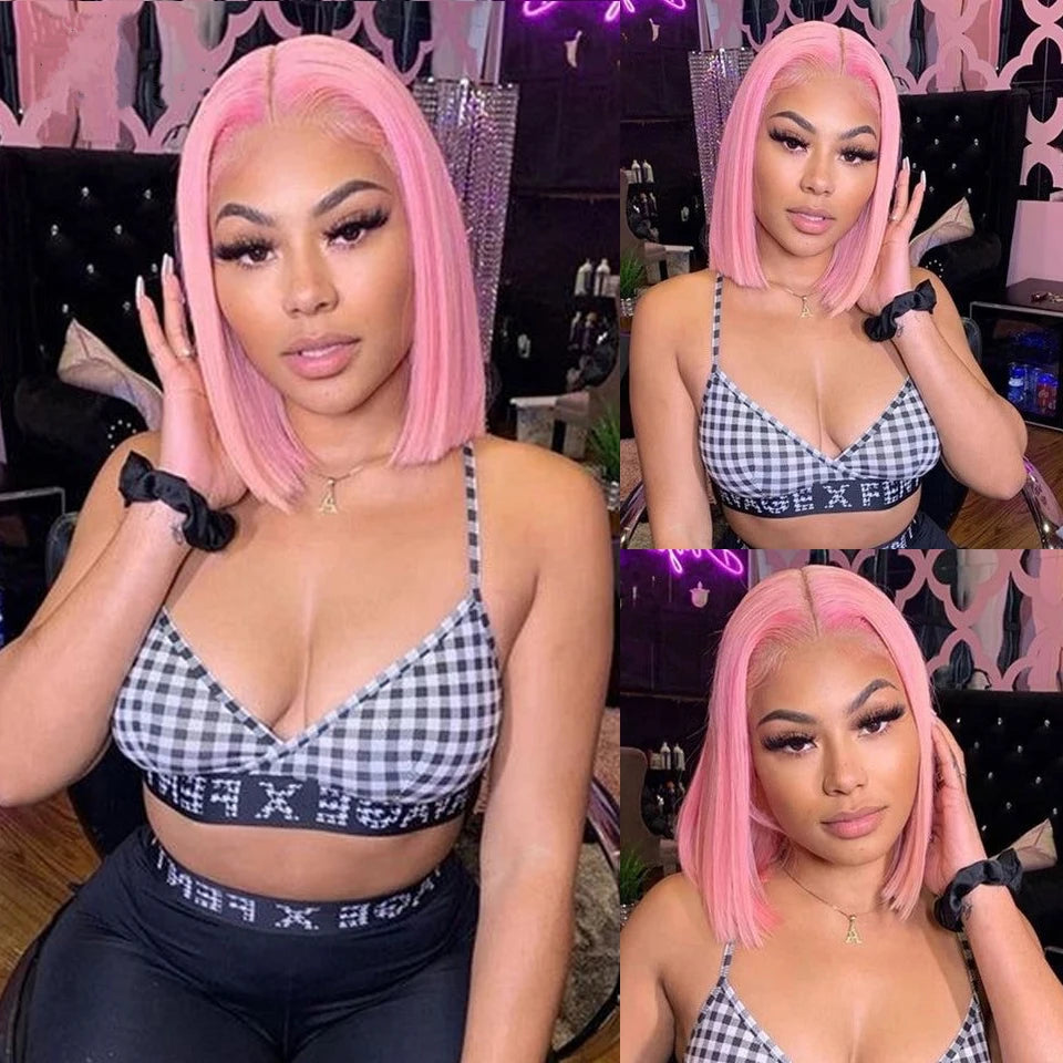 13x4 Short Bob Wig HD Transparent Lace Light Pink Wig Preplucked Lace Frontal Wigs Brazilian Virgin Human Hair 14 Inch 10 Inch