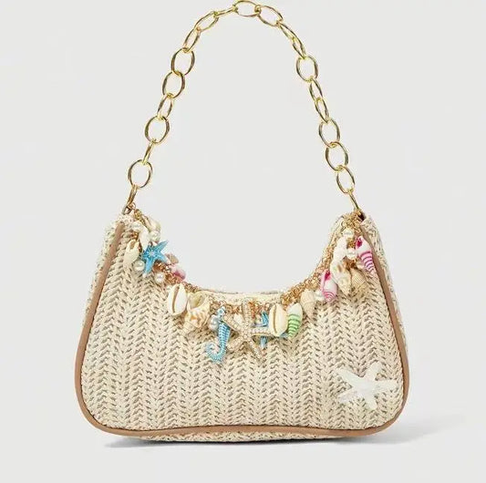 Bohemian Summer Straw Shoulder Bag with Ocean Shell, Starfish & Seahorse Charms, Perfect for Beach Vacation & Tropical Getaways
